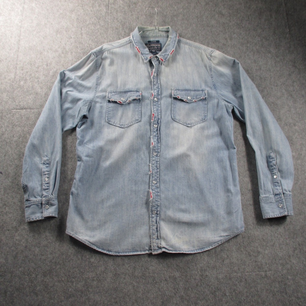 American Rag Mens XL Light Wash Denim Long Sleeve Button Down Raw Edge RedStitch